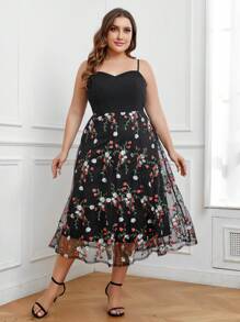 Celure 大碼花卉刺繡網紗覆蓋吊帶洋裝 - 黑色 - 查看 3