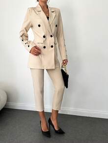 Elegant Double-Breasted Notched Lapel Long Sleeve Blazer And Straight Leg Pants Suit - Beige - View 4