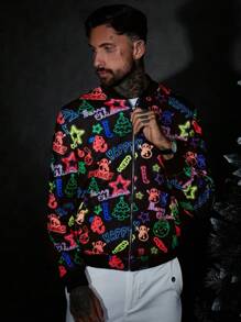 Manfinity VCAY Loose Fit Men's Reflective Letter & Christmas Print Zip Up Bomber Jacket - Black - View 5