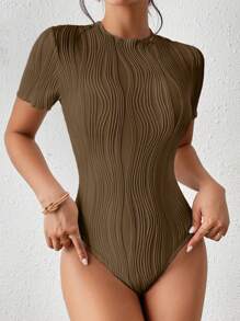 SHEIN Frenchy 女士纯色圆领镂空刺绣短袖紧身衣，时尚，返校服装，复古风格，秋季服装，7 月 4 日服装，教师服装 - 咖啡棕 - 查看 5