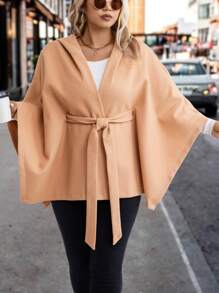 SHEIN LUNE 大碼斗篷袖連帽腰帶斗篷外套 - 卡其色 - 查看 5