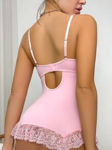 PetitDoll 对比色蕾丝蝴蝶结前部钢圈束腹带吊袜带紧身胸衣内衣套装带 1 双长筒袜 - 粉色 - 查看 2