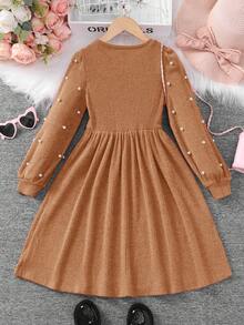 SHEIN 青少女集成圓領針織連衣裙，珍珠珠片和泡泡袖 - 鏽棕色 - 查看 2