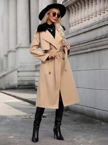 SHEIN Unity Borg Collar Double Breasted Belted Trench Coat - Khaki - View 3
