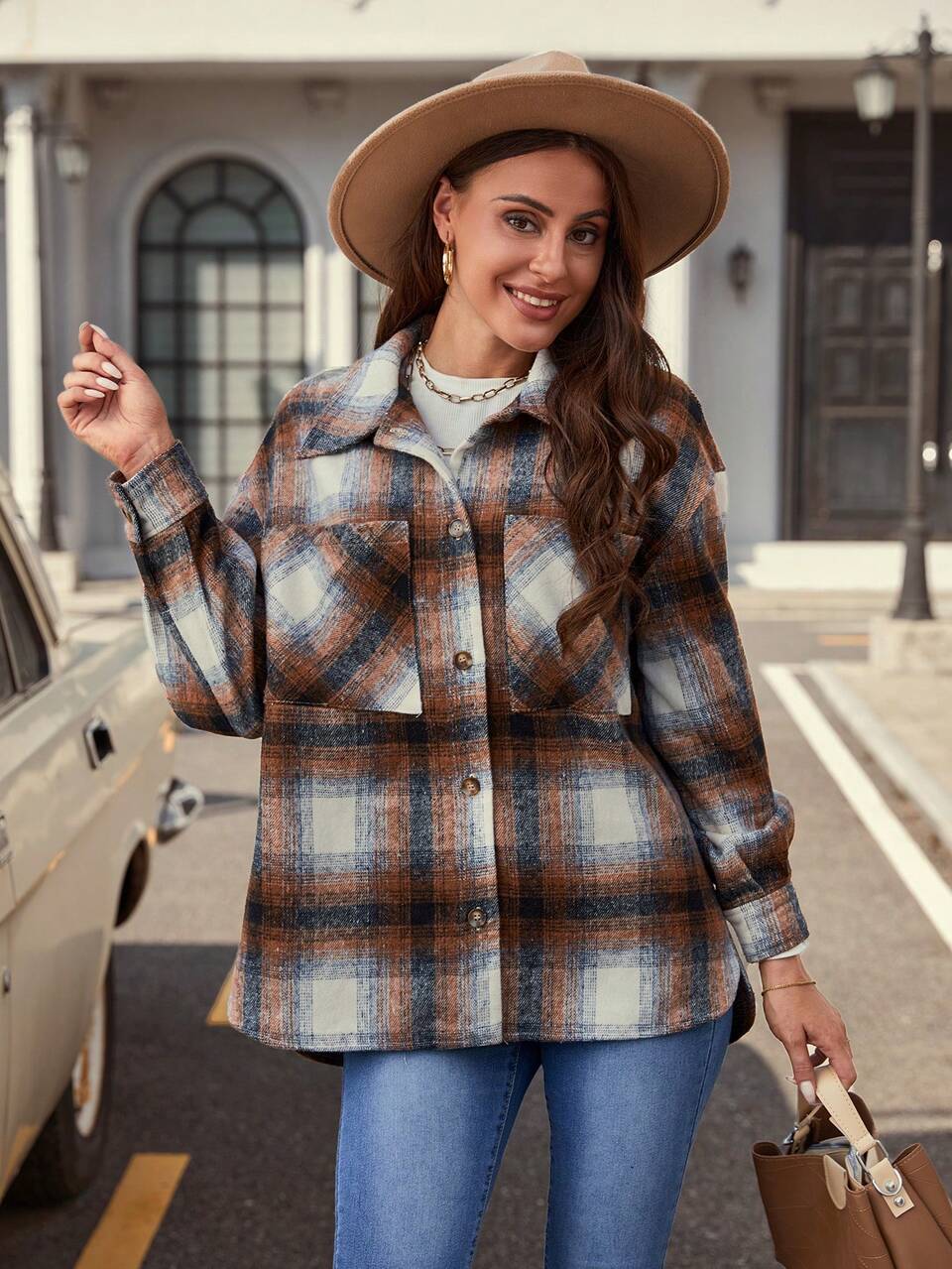 Plaid Print Drop Shoulder Overcoat