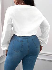 Slaydiva Plus Letter Graphic Drop Shoulder Sweatshirt - White - View 2