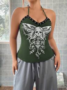 SHEIN ICON Plus Skull Print Grommet Detail Halter Top - Green - View 8