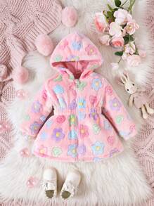 Baby Girl Floral Print Hooded Fleece Coat - Pink - View 1