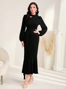 Modelyn Robe Ceinturée Découpé Manches Bouffantes Sirène - Noir - Voir 5