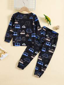 SHEIN Young Boy Car Print Tee & Sweatpants - Black - View 2