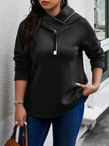 Calvaya 大码女式纯色插肩袖长袖连帽休闲保暖运动衫，秋冬 - 黑色 - 查看 1