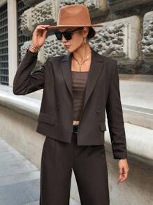 EURMUSE Solid Double Button Blazer - Brown - View 1