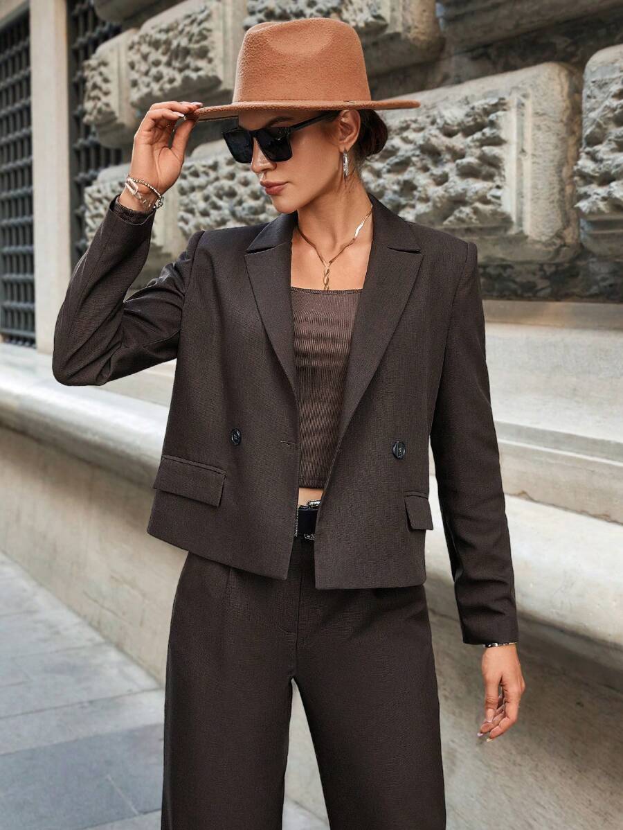 EURMUSE Solid Double Button Blazer - Brown - View 1