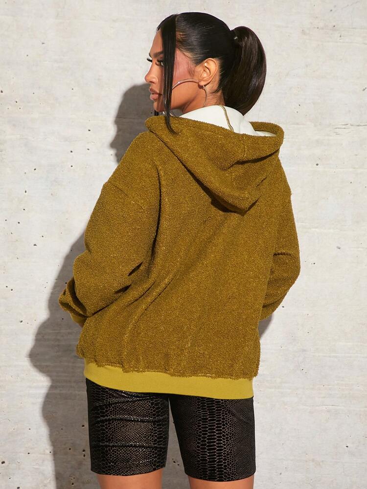 Letter Embroidery Drop Shoulder Hooded Teddy Jacket In Fall/Winter