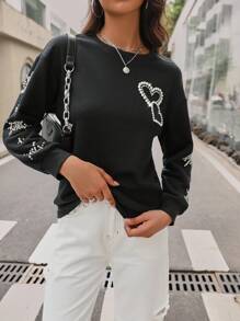 SHEIN LUNE Rhinestone Heart & Geo Graphic Drop Shoulder Sweatshirt Pullover Fall Sweatshirt - Black - View 5