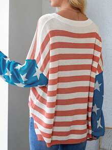 CILKOO Star & Striped Pattern Drop Shoulder Sweater - Blue - View 2