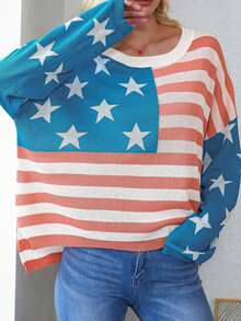 CILKOO Star & Striped Pattern Drop Shoulder Sweater - Blue - View 5