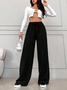 EURMUSE Solid Drawstring Waist Wide Leg Pants - Black - View 3
