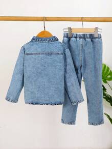 Young Boy Embroidery Letter Pattern Denim Shirt & Jeans Without Tee - Light Wash - View 2