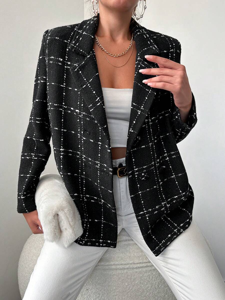 EURMUSE Plaid Pattern Lapel Neck Double Breasted Blazer - Black and White - View 1