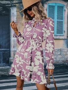 Breezaya 波西米亞揉皺 荷葉邊 前綁帶蝴蝶結花卉印花 全身印花女士連衣裙 - 淡紫色 - 查看 4