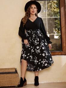 SHEIN VCAY 大碼印花喇叭袖繫腰帶洋裝 - 彩色 - 查看 3