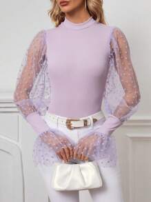 SHEIN Privé Lưới tương phản tay áo lá sen Cổ giả Áo - Màu tím - Xem 1