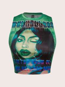 SHEIN ICON Figure & Letter Graphic Crop Summer Tank Top - Green - View 1