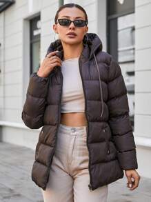 EURMUSE Zip Up Drawstring Hooded Puffer Coat - Chocolate Brown - View 3