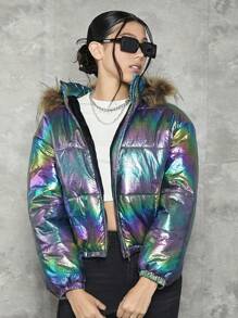 SHEIN Teen Girl Holographic Fuzzy Trim Hooded Padded Coat,In Fall/Winter - Multicolor - View 5