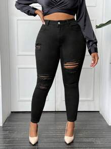 SHEIN SXY Vaqueros Pitillo Rasgados De Talla Grande - Negro - Ver 1
