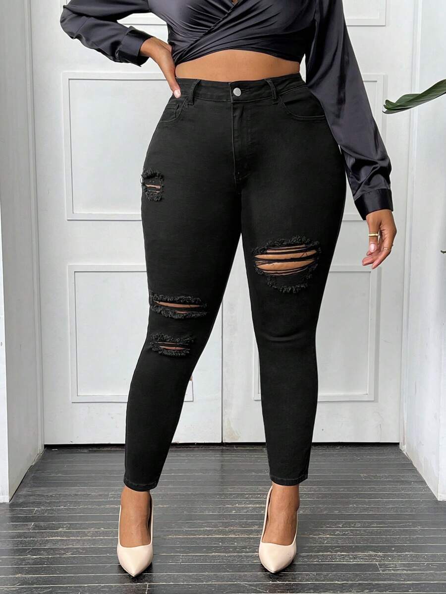 SHEIN SXY Vaqueros Pitillo Rasgados De Talla Grande - Negro - Ver 1