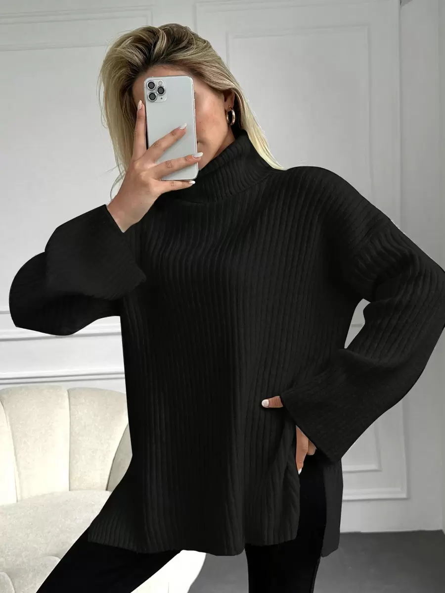 EURMUSE Turtleneck Drop Shoulder Split Hem Drop Shoulder Sweater - Black - View 1