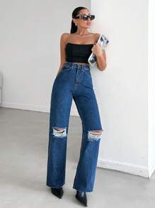 RueChic High Waist Ripped Straight Leg Jeans - Blue - View 6