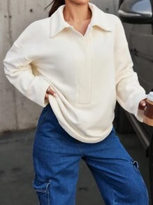 EURMUSE Solid Drop Shoulder Sweatshirt - White - View 3