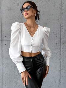 SHEIN Privé Solid Button Detail Crop Blouse - White - View 3