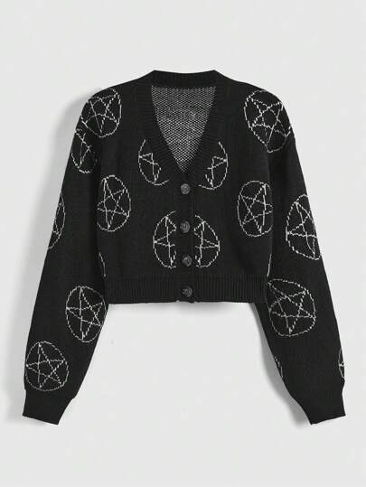 Goth Cárdigan holgado de estilo gótico con patrón de jacquard y detalle de pentagrama para mujer, escuela