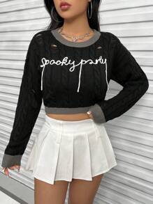 SHEIN Unity 字母图案撕裂撞色滚边麻花针织短款套头衫秋冬毛衣 - 黑色 - 查看 2