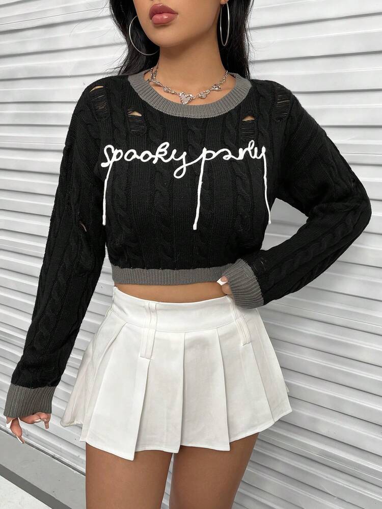 Letter Pattern Ripped Contrast Trim Cable Knit Crop Knit Pullover Fall Winter Sweater