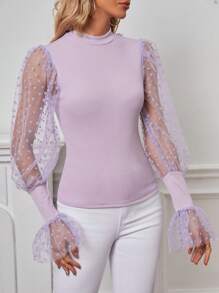 SHEIN Privé Lưới tương phản tay áo lá sen Cổ giả Áo - Màu tím - Xem 5