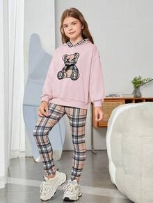 SHEIN Cô gái Tween Gấu Thêu Thả vai Hoodie & Kẻ sọc Xà cạp - Màu Hồng baby - Xem 4
