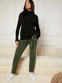 SHEIN 孕婦可調節腰圍腰帶長褲 - 軍綠色 - 查看 3