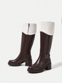 SheIn MOD Women's Fashionable & Comfortable Brown Buckle Decorated Warm Motorcycle Boots - Brown - View 3