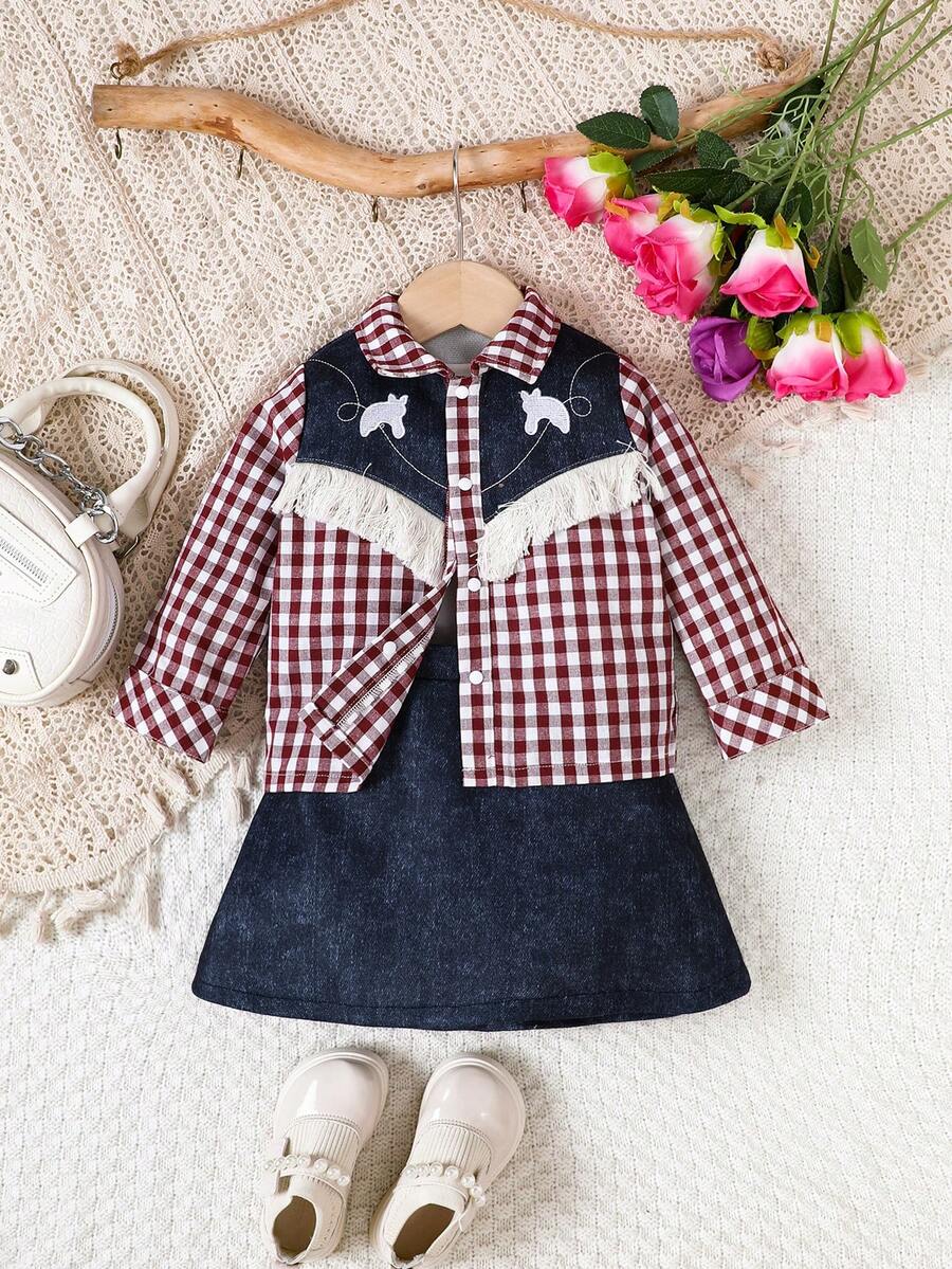 女孩嬰兒格子圖案前蝴蝶結襯衫&洋裝 - 彩色 - 查看 1