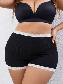 Plus Contrast Lace Trim Ribbed Knit Shortie - Black - View 1
