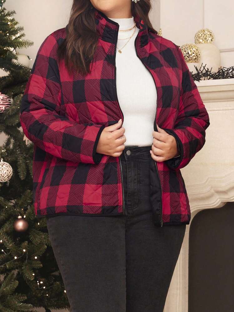 Plus Buffalo Plaid Print Zip Up Quilted Coat