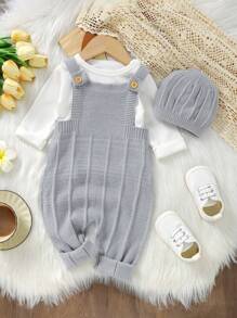 Baby Girl Solid Knit Jumpsuit & Hat Without Tee - Light Grey - View 1