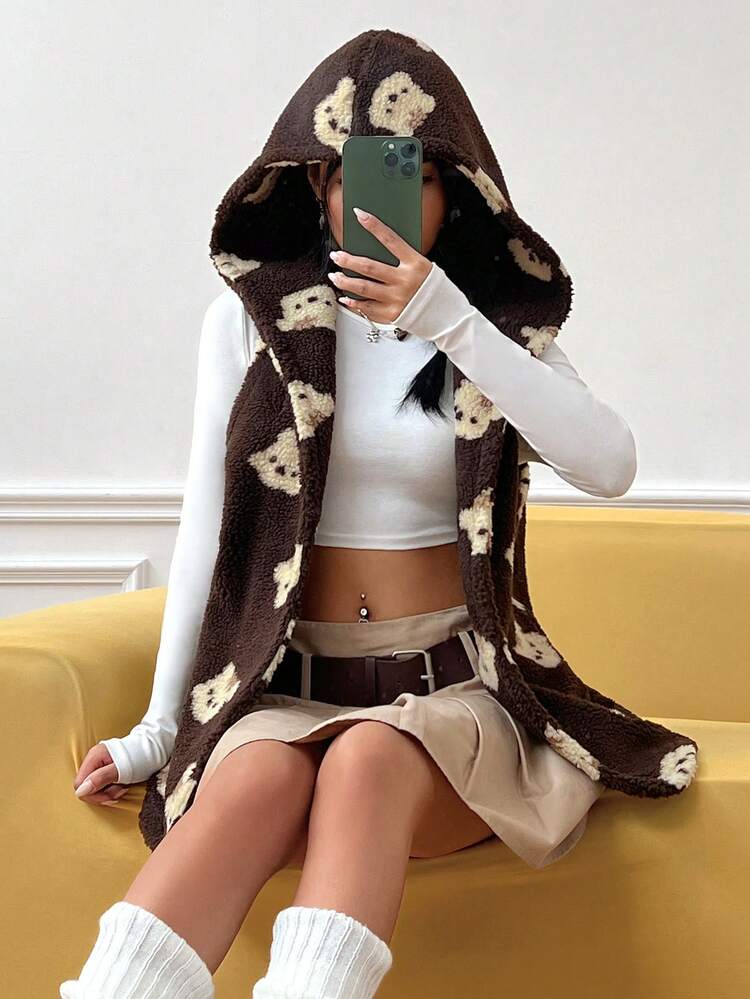 Bear Pattern Hooded Teddy Vest Coat