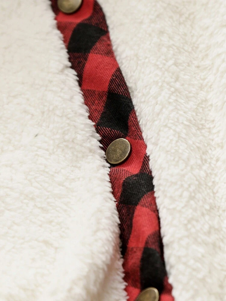 Plus Contrast Plaid Panel Drop Shoulder Teddy Coat Fall Cloth For Women