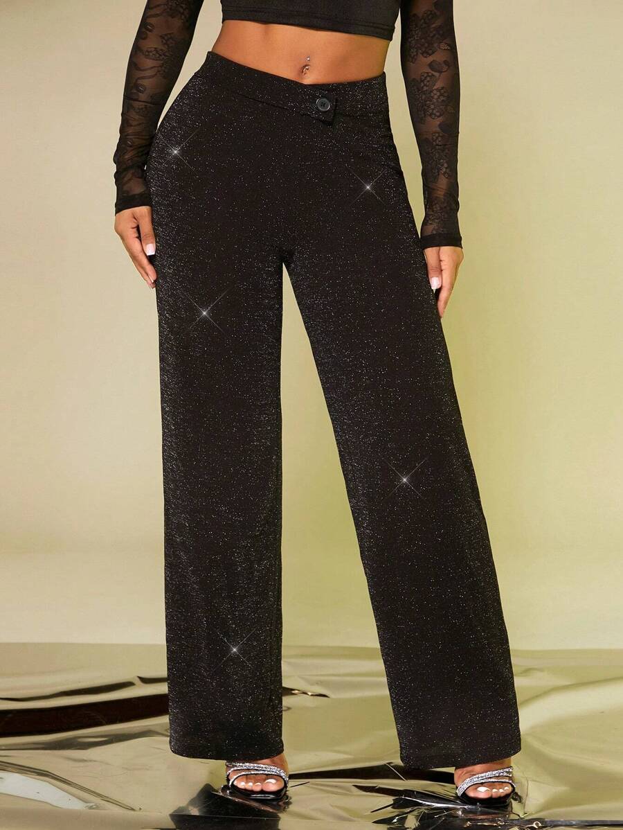 SHEIN SXY Glitter Rhinestone Decoration Wide Leg Pants